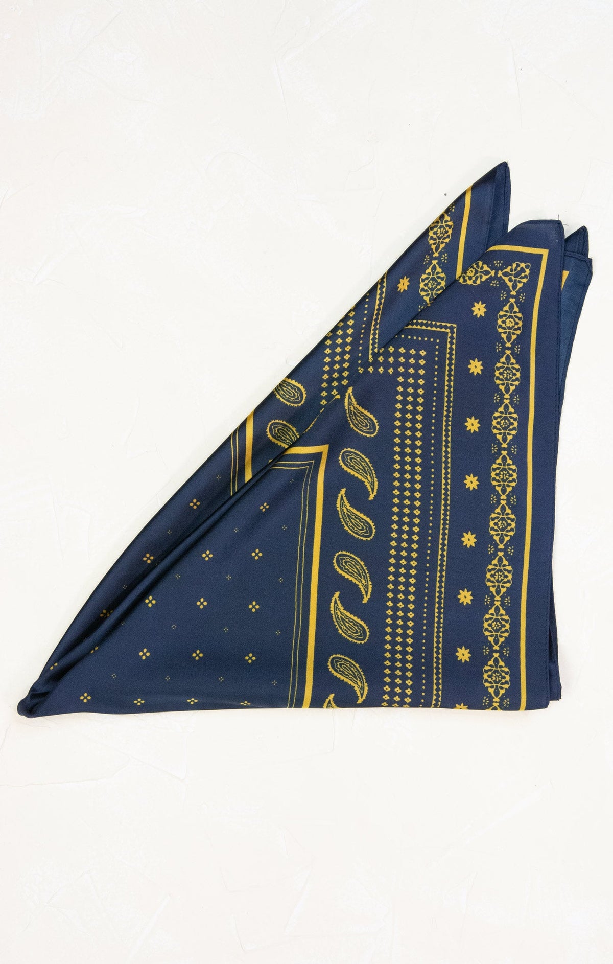 Dark Blue Gold Paisley Print Silk Square Scarf