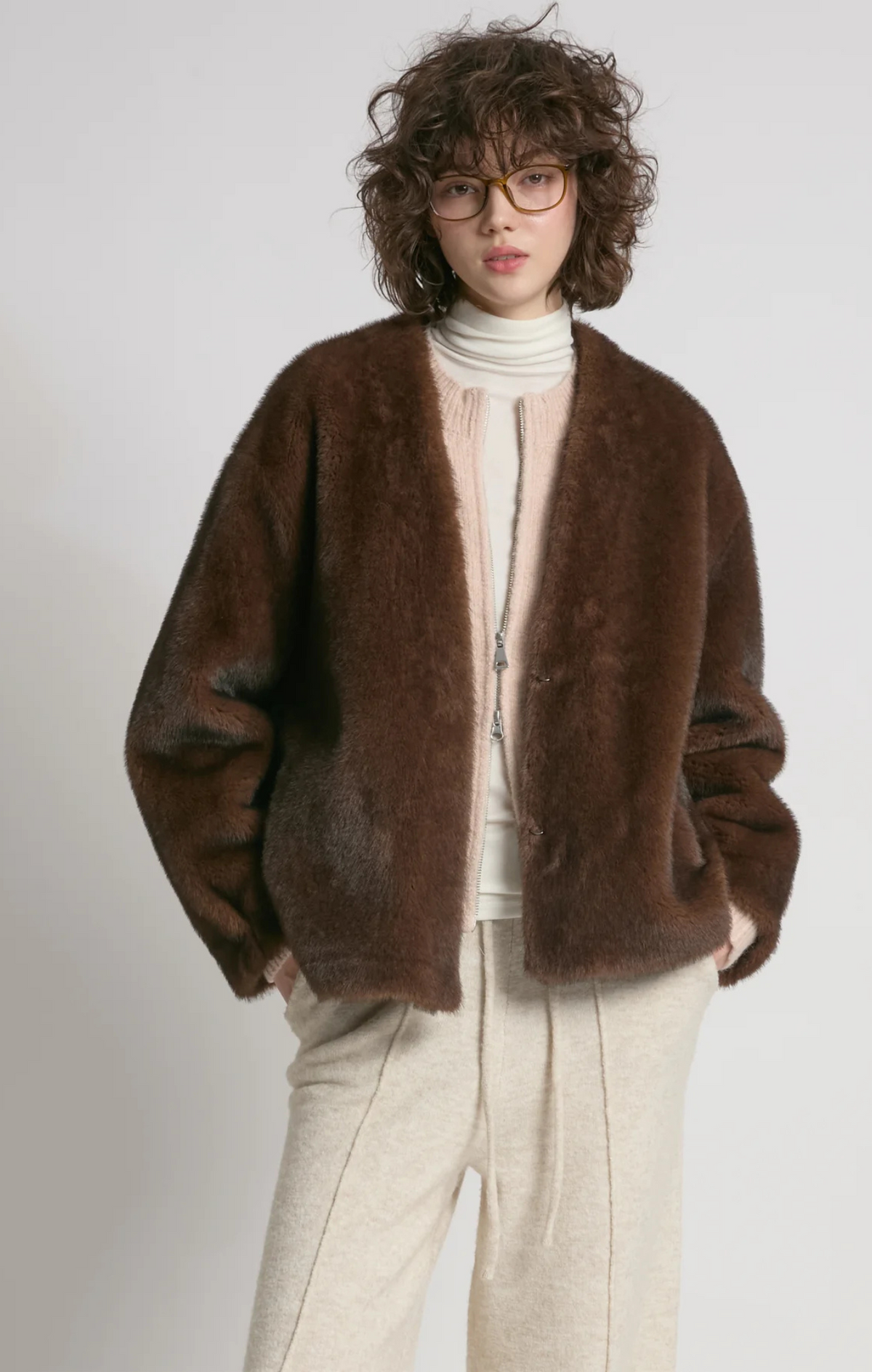 Relaxed No-Collar Fur Coat
